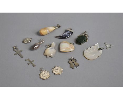 A Collection of Silver, Mother of Pearl and Polished Stone Pendants 