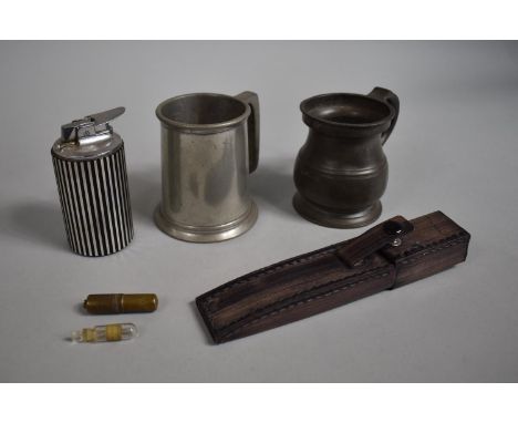A Magnifying Glass, Two Tankards, Lighter and a Miniature Brass Cased Phial 