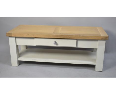 A Modern Rectangular Coffee Table with Single Drawer and Stretcher Shelf, White Painted Base, 120cm x 50cm 