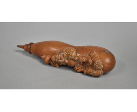 A Novelty Signed Carved Wooden Travelling Item of Gourd Form with Decoration in Relief, the Removable Lid with Brush Type End
