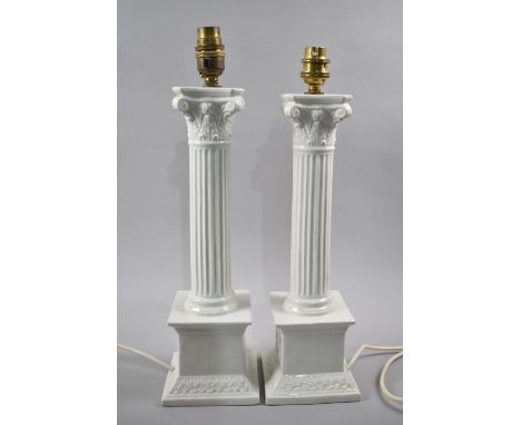 A Pair of White Glazed Ceramic Corinthian Column Table Lamps, 41cms High 