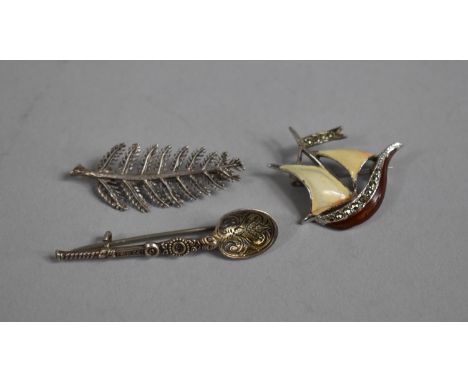 Three Silver Brooches to Include Silver, Marcasite and Enamel Sailing Yacht, Silver Fern Leaf and a Coronation Anointing Spoo