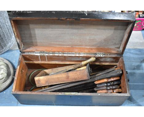 A Vintage Black Painted Carpenters Tool Box Containing Saws, Files etc 