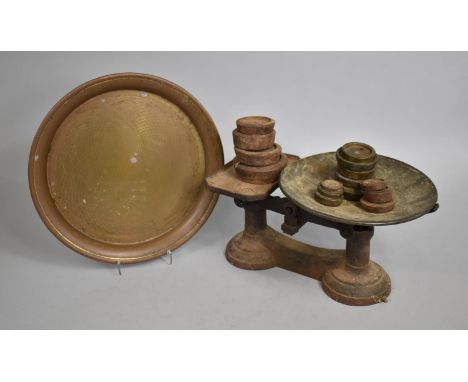 A Vintage Cast Iron Set of Kitchen Scales together with a Brass Plate 