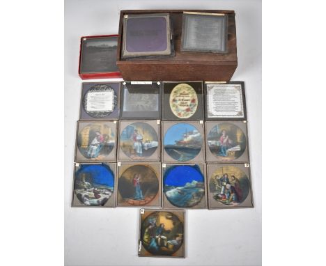 A Wooden Box with Sliding Lid containing Various Coloured and Monochrome Magic Lantern Slides 