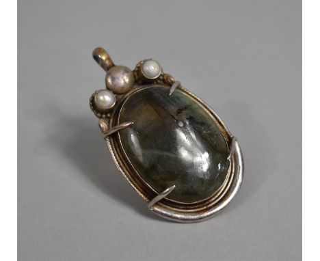 A Silver, Pearl and Large Labradorite Pendant, 7cm Long 