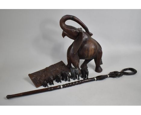 A Collection of Carved African Souvenir Elephant Ornaments and a Walking Stick, Panel etc 