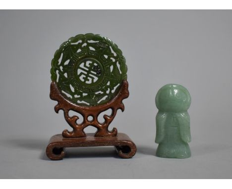 A Carved Jade Disc on Carved and Pierced Stand Together with a Small Jade Carving 