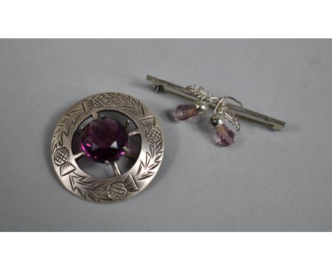Two Scottish Silver Brooches, One Mounted With Amethyst, Hallmarked Glasgow 1957 