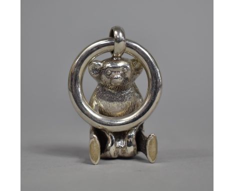 A Sterling Silver Teether in the Form of a Seated Teddy Bear, 8cm high 