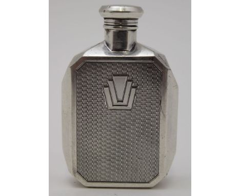 An early 20th century James Dixon &amp; Sons electro plated small 1oz hip flask, faceted form, engine turned faces with Art D