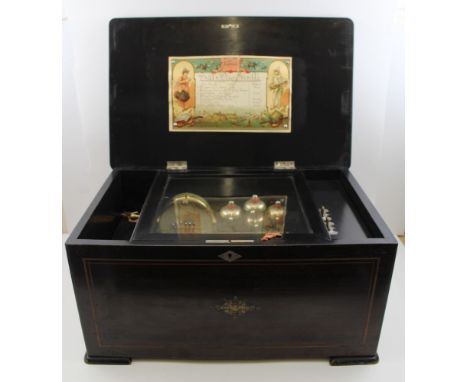 A late 19th century Continental musical box, rosewood case with marquetry inlaid lid, plays eight airs, with drum and bells, 