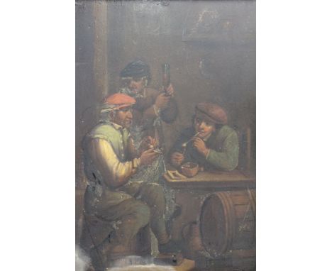 European School 'Figures in a Tavern', oil painting on metal panel, 19.5cm x 16cm, in a rosewood frame 