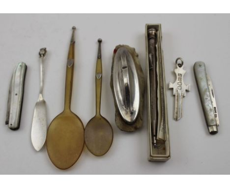 Two silver bladed folding fruit knives with mother-of-pearl handles, together with; a silver nail buffer, a silver 'Evesharp'