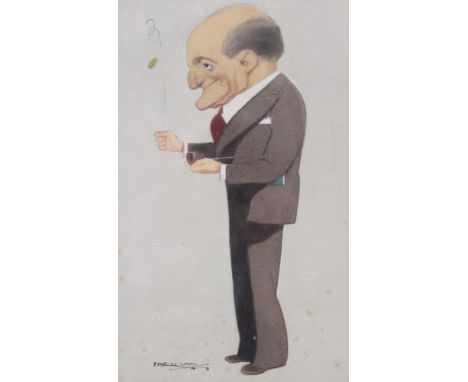 Fred May (1891-1976) 'Arthur Cheston' (pipe in one hand, tossing a coin in the other) Watercolour caricature, signed and date