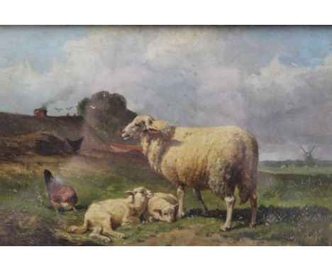 Cornelius Van Leemputten (1841-1902) 'Ewe and twin lambs in a farmyard', (distant cottage with smoking chimney and far distan