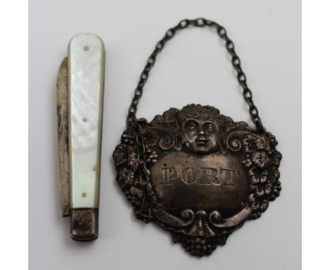Turner &amp; Simpson, a Georgian design embossed silver 'Port' label, Bacchus mask and fruiting vine decoration, Birmingham 1