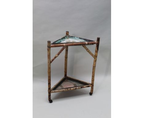 Early 20th century bamboo triangular two tier planter with copper insert troughs 74 x 54 cm to extremities 