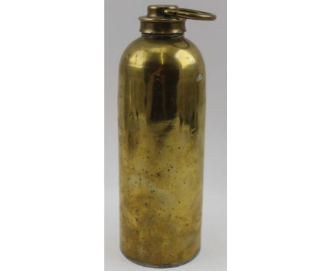  An early 20th century brass water bottle, with screw cap and securing ring, 23cm high (probably mining related) 