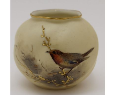 A Royal Worcester ceramic vase of globular form, ivory ground with hand painted and gilded robin decoration, factory date cod