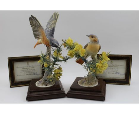 A pair of Royal Worcester bone china limited edition figures, 'Redstart and Gorse', (cock & hen) with certificates, each No. 