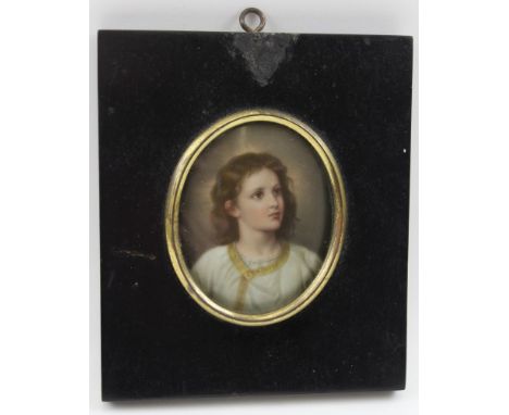 A 19th century miniature painting portrait of a child, possibly the young Christ, oval, possibly painted on porcelain, 7cm x 