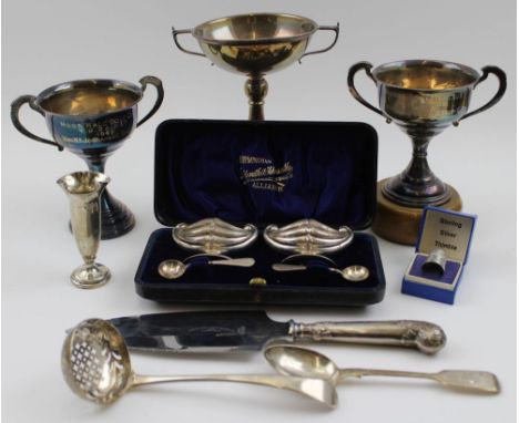 Mills &amp; Co. A late Victorian silver pair of boat form salts, Birmingham 1891, and pair of condiment spoons, cased, togeth