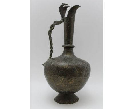 An early to mid 20th century Indian brass pitcher, chased figure &amp; foliage decoration, cast entwined cobra handle, 45cm h