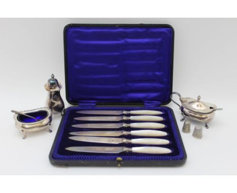 A collection of various silver items, to include; a three piece condiment set by William Suckling Ltd. Birmingham 1965, two s