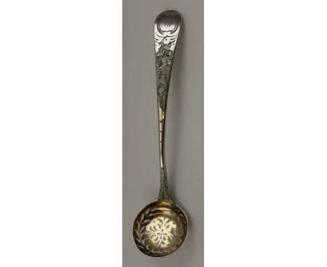 A George III silver sifting ladle, floral chased decoration, internally gilded bowl, monogrammed, London 1799, 46g 