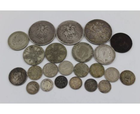 A Victorian 1898 silver crown coin, two William III silver crowns, 1819 and 1820, other GB coins various, and a 1790, John Wi