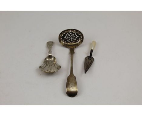 Charles Wallis, A Victorian silver sifting ladle, fiddle pattern, monogrammed, London 1854, together with a Victorian silver 