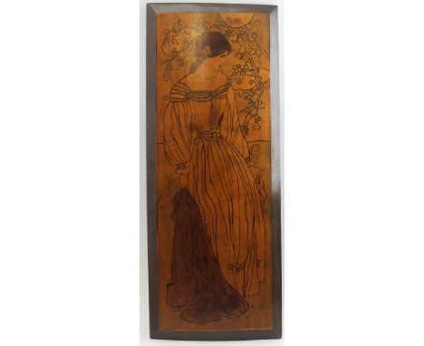 An Art Nouveau painted wooden panel, in the manner of the Glasgow school, depicts a young woman full length, in a landscape, 