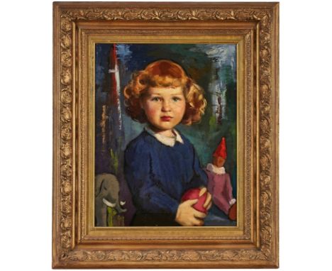 Gemälde Bildnismaler um 1950/60"Portrait eines jungen Mädchens mit Spielzeug" Öl/Lwd. auf Karton, 58 x 40