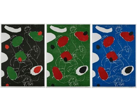 3 Farbholzschnitte Georg Baselitzgeb. 1938 Kamenz "Puck" 1993 alle u. re sig. Baselitz 93 Exemplare 4/300 (Grün), 104/300 (Sc