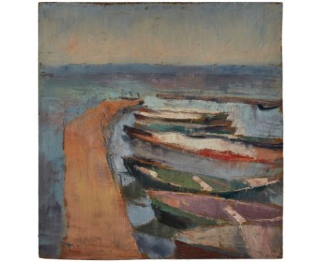 Gemälde Reinhold Ewald1890 Hanau - 1974 Hanau "Boote" u. li. sign. Ewald Öl/Platte, 46 x 44 cm, o. R. Lit.: AKL