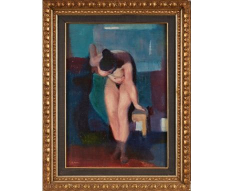 Gemälde Reinhold Ewald1890 Hanau - 1974 Hanau "Gebeugter Frauenakt" um 1920 u. li. sign. R. Ewald Öl/Holz, 60 x 42,5 cm Lit.: