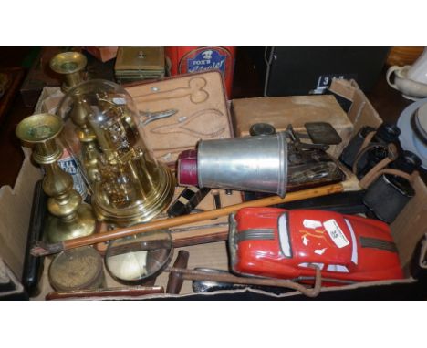 Assorted metalware etc., inc. tin plate car, Victorian equestrian tool kit, scales and other items