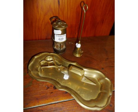 Brass miniature souvenir miner's lamp, candle snuffers and tray