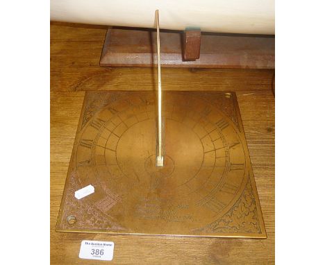Victorian brass sundial, 9.5" square inscribed with initials and Chaucer's words "Joy of this life for time will not abide fr