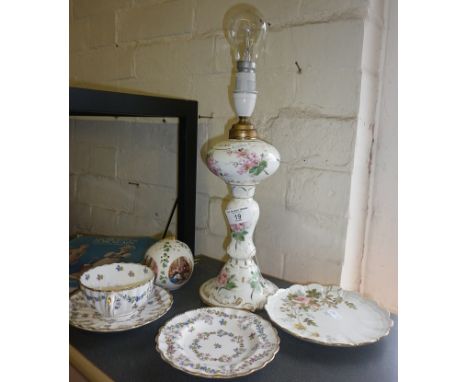 Copeland china tea cup and saucer, a Limoges tea plate and a china table lamp marked D &amp; C France