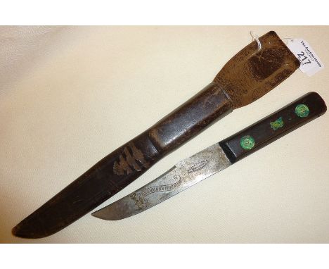 Rare Wade &amp; Butcher Bushman's Friend Knife in leather scabbard - possible scout knife? with decorative medallions to hand