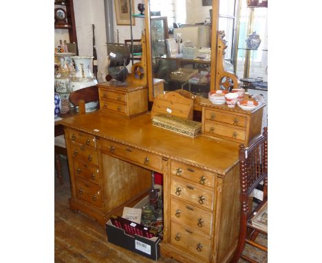 Late 19th c. Aesthetic Movement inlaid light oak dressing table having rectangular mirror flanked by four small drawers above