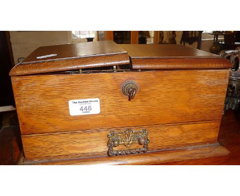 Light oak lockable Edwardian two-section cigarette box with drawer