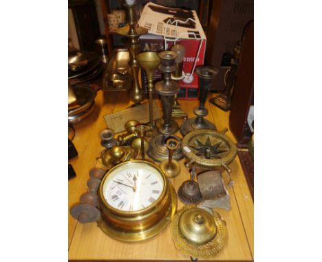 Quartz brass ship's clock, brass table lamps, candlesticks and other brassware