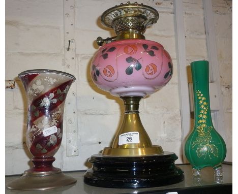 Victorian oil lamp with decorated pink glass reservoir, Bohemian glass vase and an overlay glass vase