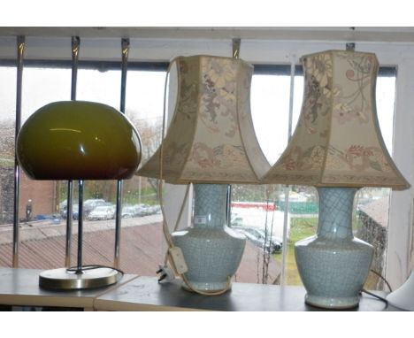 Pair of Chinese crackle glazed table lamps with shades and a 1970's chrome and plastic table lamp