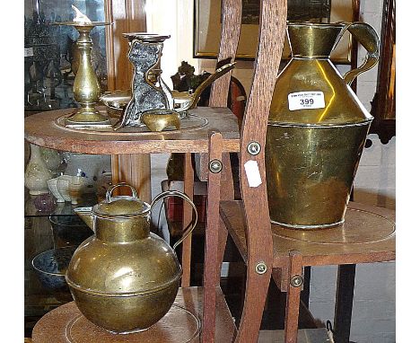 Miniature brass sundial on plinth, a brass chamber stick and two brass jugs