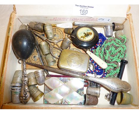 Antique sewing items, inc. thimbles (some silver), mother of pearl needle case - marked Mers les Bains, button hooks, adverti