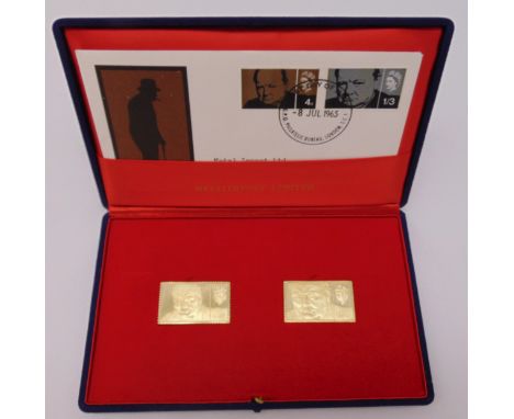 A cased set of two 18ct gold Churchill replica stamps dated Nov 1965 first edition